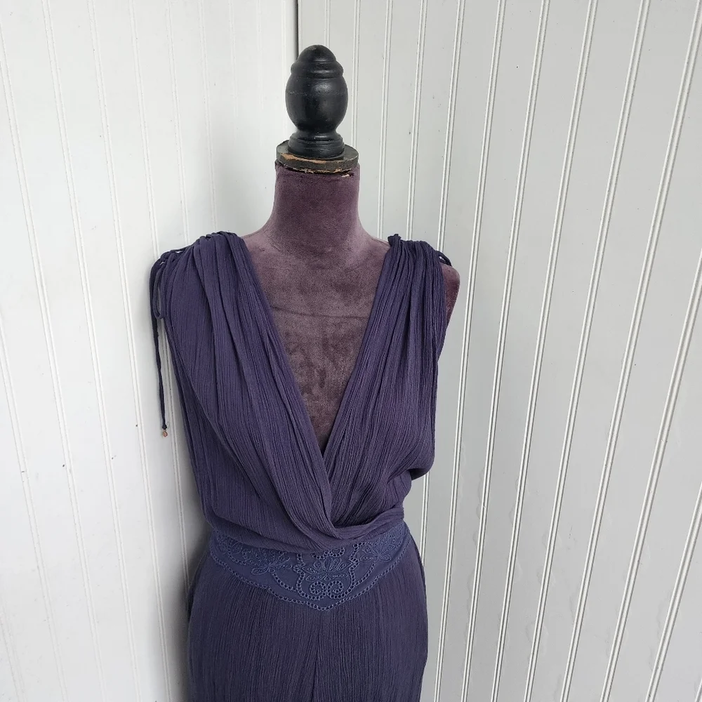 Democracy Navy Blue Wide Leg Jumpsuit Sleeveless Boho Festival V-Neck Gauze Sz L